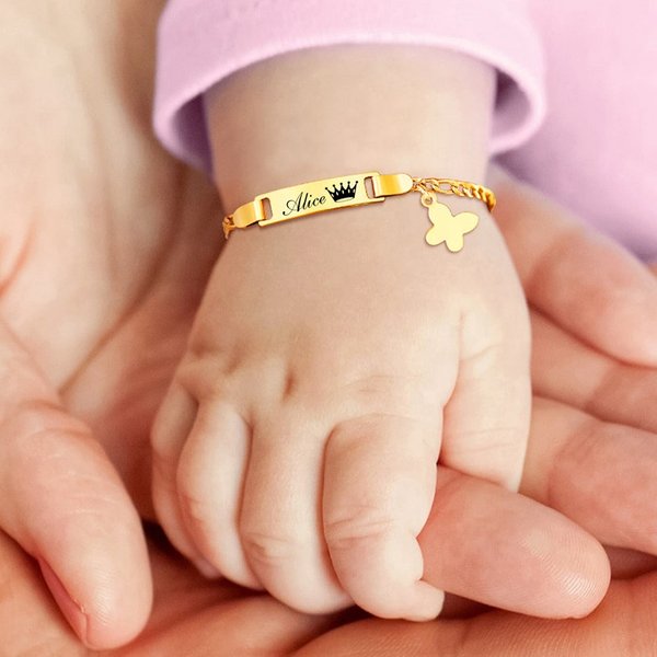 Wholesale Custom DIY Name Gold Plated Stainless Steel Charm Bar Anklets Bangle Bracelet For Baby Kids Boys Girls
