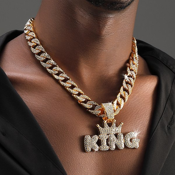 European And American Fashion Accessories, Personalized Full-diamond Crown King Letter Necklace, Men's High-end Hip-hop