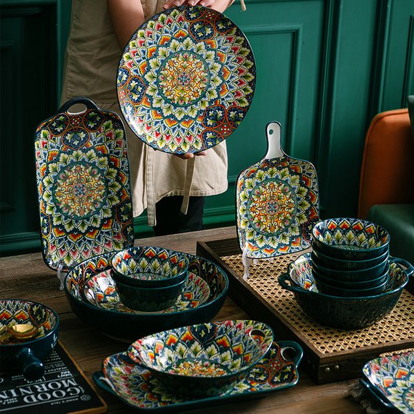 Bohemian Ceramic Dinnerware Set – Stone Texture Rice Bowl, Handled Soup Bowls & Plates, Microwave Safe, Handcrafted European Style Tableware For Home-image