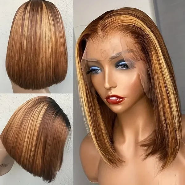 180% 13X4 Human Hair Wig Highlight Short Straight Bob Cut Wig 180% Density 13X4 Lace Front Human Hair Wig Natural Hairline With Baby Hair-image