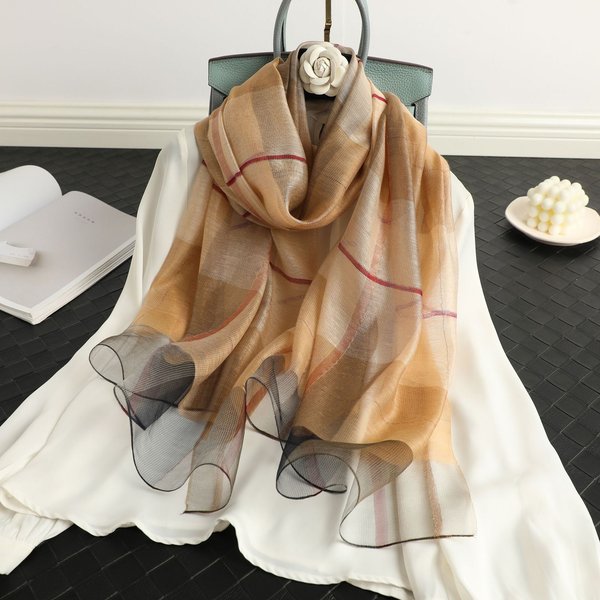 New Plaid Silk Scarf Women's Autumn And Winter Version All-Match Mulberry Silk Shawl Silk Wool Scarf Long Dual-Use Scarf-image