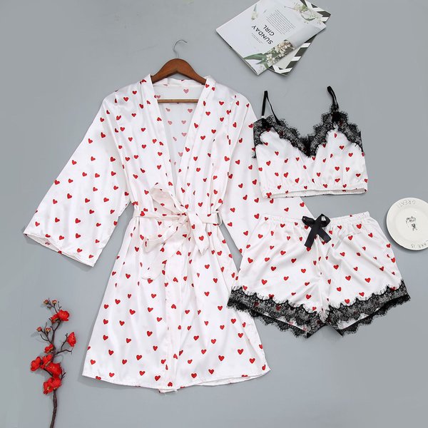 Sexy Stylish Satin Heart Print Three Piece Homewear Set Plus Size Women's Sleepwear American Style Adult Pajamas