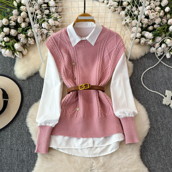 Women's Clothing Spring And Autumn New Shirt Tops Women's Sweater Suit Knitted Vest Vest Shirt Western Style Age Reducing Two Piece Suit-image