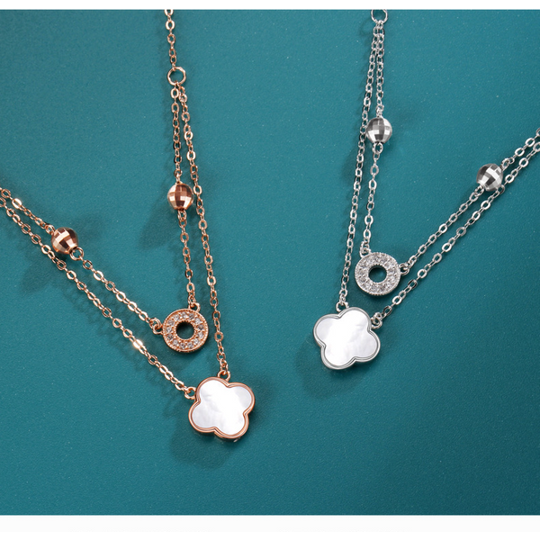 Double layer four leaf clover necklace for women, niche design, white mother of pearl pendant, internet celebrity accessories, girlfriend gift