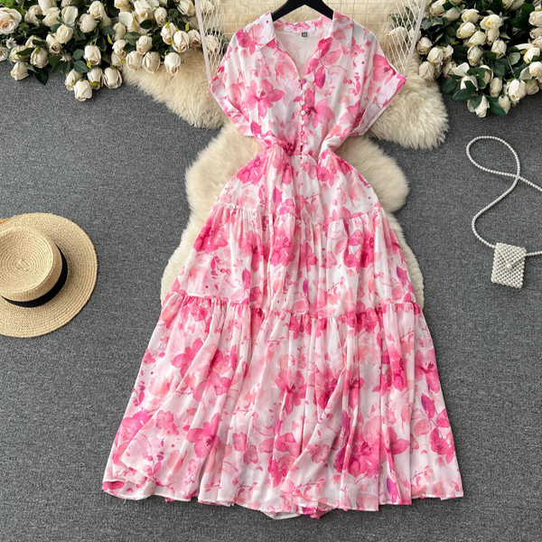 Women's Clothing Chiffon Print Holiday Style Dress For Women Summer New Style Waist Slimming Elegant Large Hem A Skirt-image