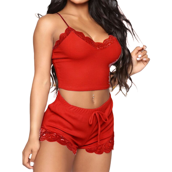 2023 Sexy Women Lace Pama Sets Sleeveless Strap Sleepwear 2Pcs Trim Satin Top Nightwear Nightgowns Lingerie Pijamas-image