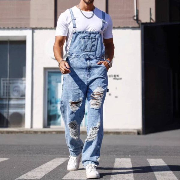 Men's Denim Overalls European And American Style Trendy High Street Ripped Jumpsuit-image