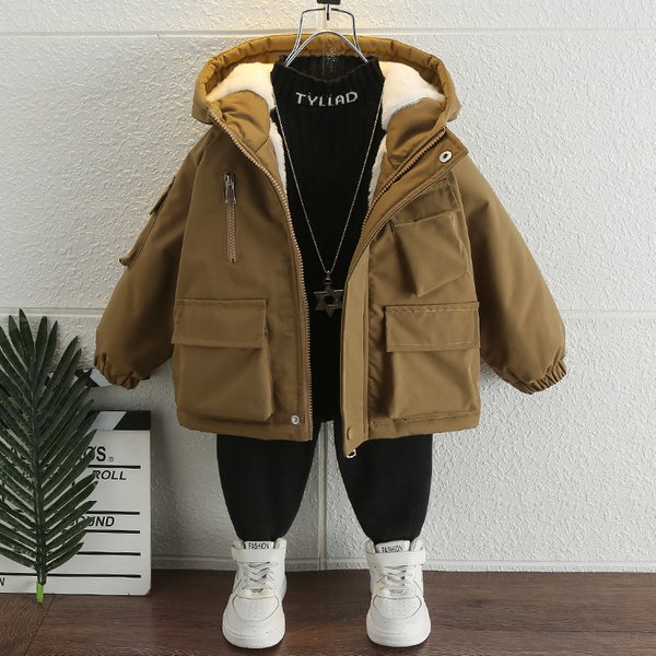 Boy's autumn and winter cotton-padded jacket Boy baby Winter children's padded padded jacket with fleece thickened pie overcome