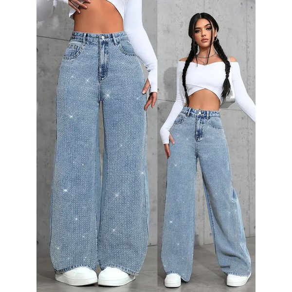 Women's High-Waisted Flared Jeans With Rhinestone Embellishments – Stretch Denim Wide-Leg Pants (XS-XXL, Washed & Distressed Look)