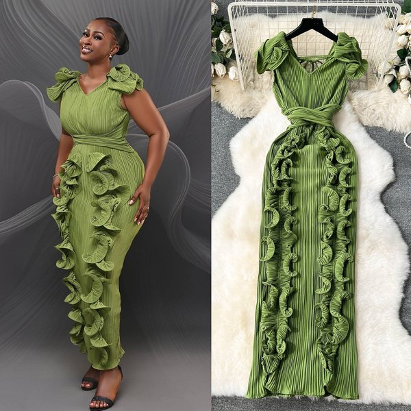 Women's Clothing High End Dress High End Light Luxury Niche Pleated Three Dimensional Ruffled Slim Long Temperament Dress-image