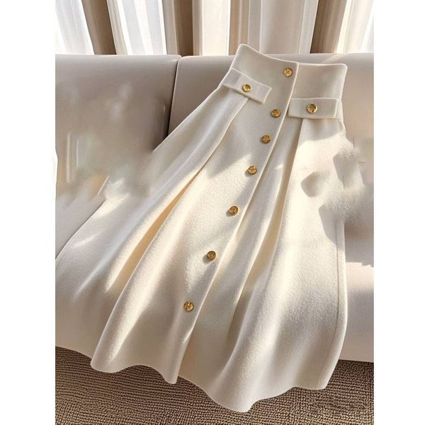 Women's Clothing White Knitted Skirt Winter Versatile Age Reducing A Line Skirt Light Luxury High End Skirt-image