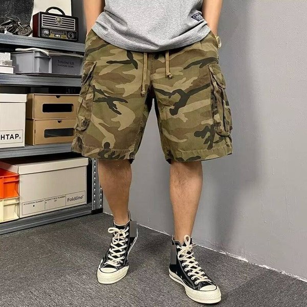 Men's Camouflage Cargo Shorts Summer Style Loose Casual Pants Trendy Fashion Multi Pocket Five Point Bottoms-image