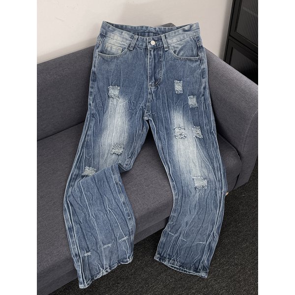 Summer Thin Ripped Jeans Men's Straight Retro Casual Fashion Brand American High Street Trend Washed Cool Pants