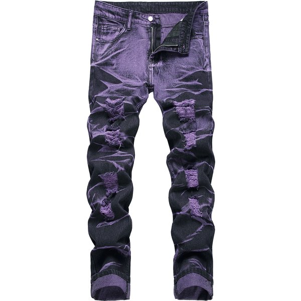Men's Clothing High-Quality Trendy Personalized Purple And Black Ripped Denim Trousers