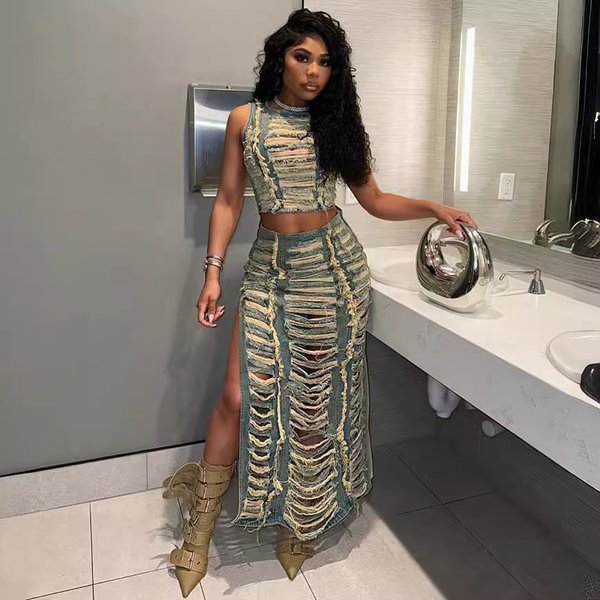 Women's Clothing Women's Denim Suit Trendy Personality Hand Worn Vest Slit Denim Skirt-image