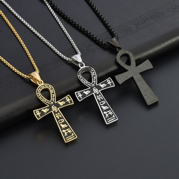 Hot Selling Men And Women Retro Stainless Steel Cross Pendant Ancient Egypt Meaning Hip Hop Titanium Steel Necklace-image