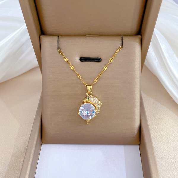 Stainless Steel Lip Chain Dolphin Dog Butterfly Elephant Pendant Necklaces for Women Lady Shiny Luxury Zircon Charm Pendant Choker Jewelry Gifts