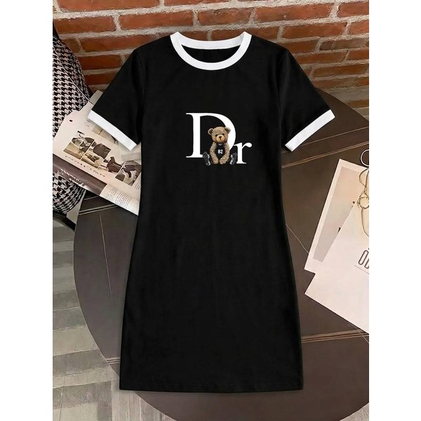 Women's Color Block Letter Print Dress - Casual Short Sleeve Summer Shift