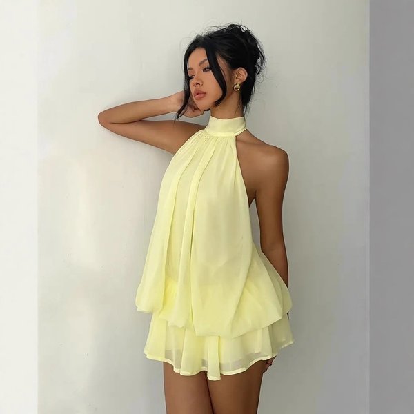 Women's Slim Fit Halter Neck Backless Top With Tie Waist And Puffy Short Skirt Dress Sexy Vacation Wear For Style-image