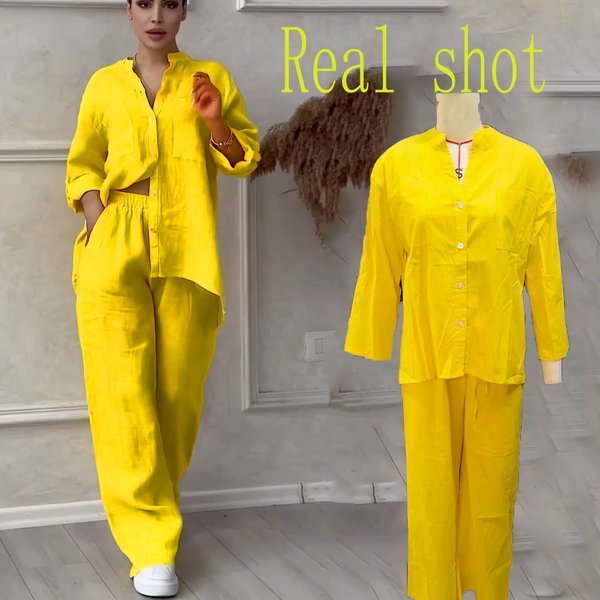 Women's Clothing Casual Cotton And Linen Solid Color Shirt Drawstring Wide Leg Pants Suit-image