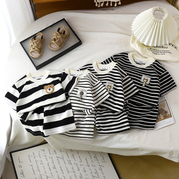 Children's Short Sleeved Suit Black And White Striped Boy's T Shirt Baby Summer Children's Clothing Girl's Shorts Baby Clothes New Style-image