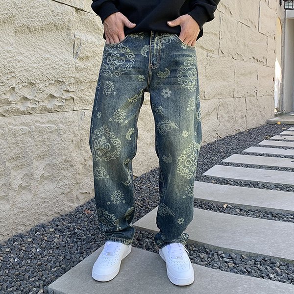 Men's Clothing Retro Jeans Men's Fashion Brand Autumn And Winter High Street Washed Fashion Print Loose Casual Straight Wide Leg Mopping Trousers-image