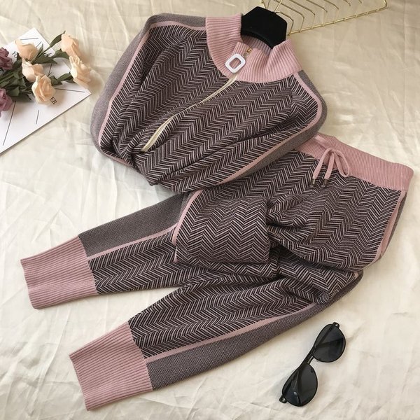 Women's Clothing Fashion Stand-Up Collar Zipper Knitted Tops And Pants Two-Piece Suit-image