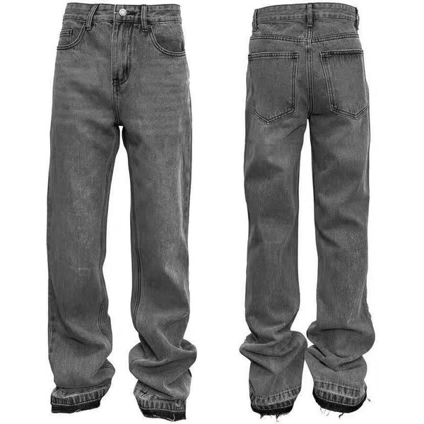 Men's Distressed Hem Flared Jeans | Vintage Grey Washed Denim High Street Aesthetic | 70S Retro Wide Leg Pants | Raw Edge Fringe Detail-image