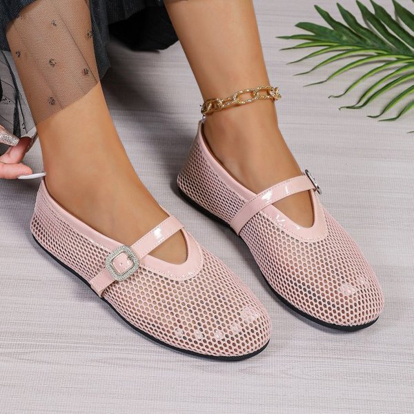 Women's Shoes Large Size Rhinestone Buckle Hollow Ballet Flat Soled Fashion Single Shoes Spring And Autumn Round Toed Single Shoes Women-image