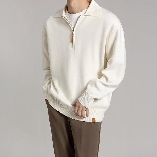New light mature style half zipper knitted long sleeved sweater for men, autumn and winter versatile top with lapel collar for men