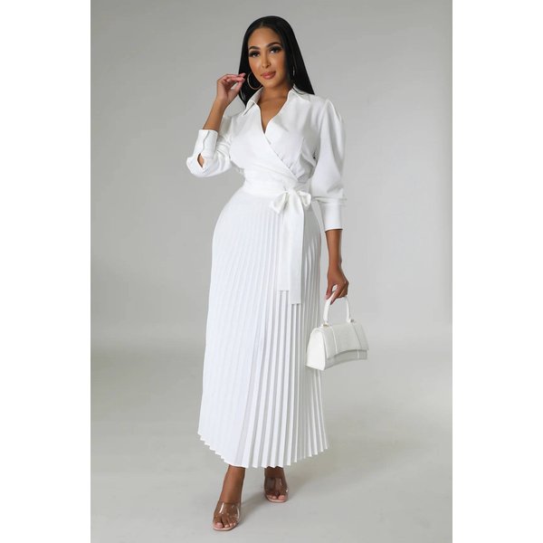 Long Sleeved Polo Collar High Waist Fashion Casual Pleated Women's Dress-image