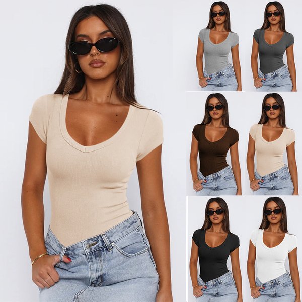 Women's Clothing Threaded Pullover Solid Color Hot Girl Outfit Versatile Sexy Fashion Short Sleeve Tops-image