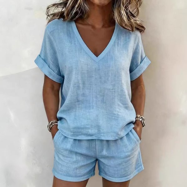 Summer Collection Solid Color V Neck Loose Casual Cotton Linen Set Short Sleeve Top And Shorts Women's Clothing-image