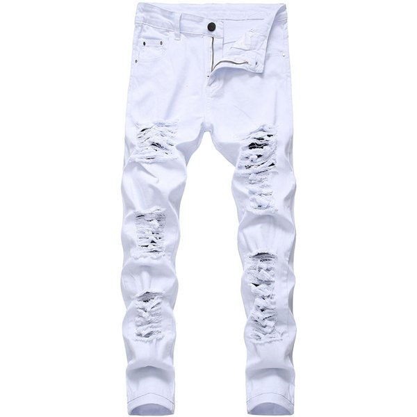 Men's White Jeans Fashion Hip Hop Ripped Thin Men's Denim Pants Slim Fit Stretch Distressed Zip Men's Jean Pants High Quality