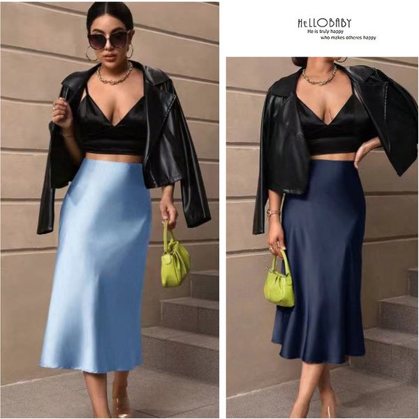 Women's Satin Slim Skirt Satin Solid Color Medium Length Hip Fishtail Skirt-image