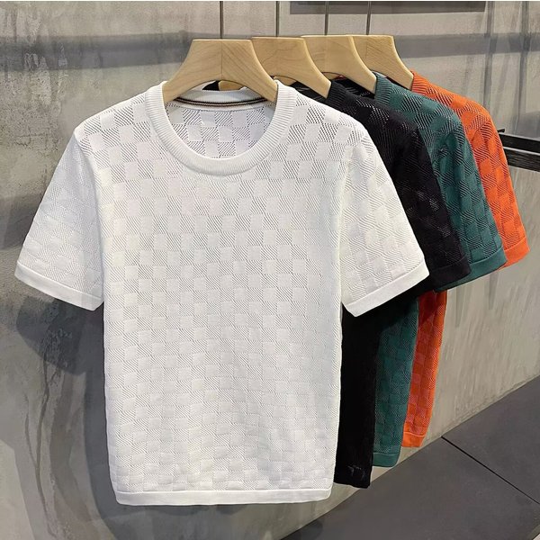 Men's Clothing Thin Hollow Knitted Short Sleeved Men's Korean Version Of Mesh Breathable Round Neck Knitted Sweater Men's T Shirt-image