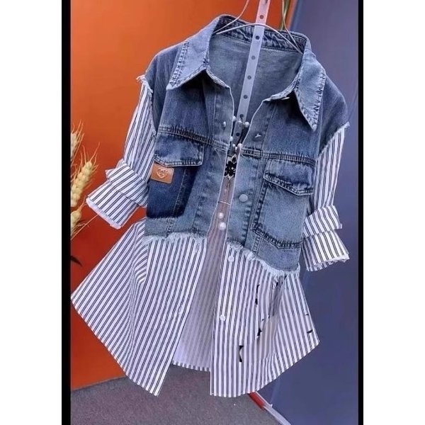 Women's Clothing Retro Denim Layering Shirt Vest – Striped Two-Piece Top With V-Neck (White/Striped, Sizes M-4XL)