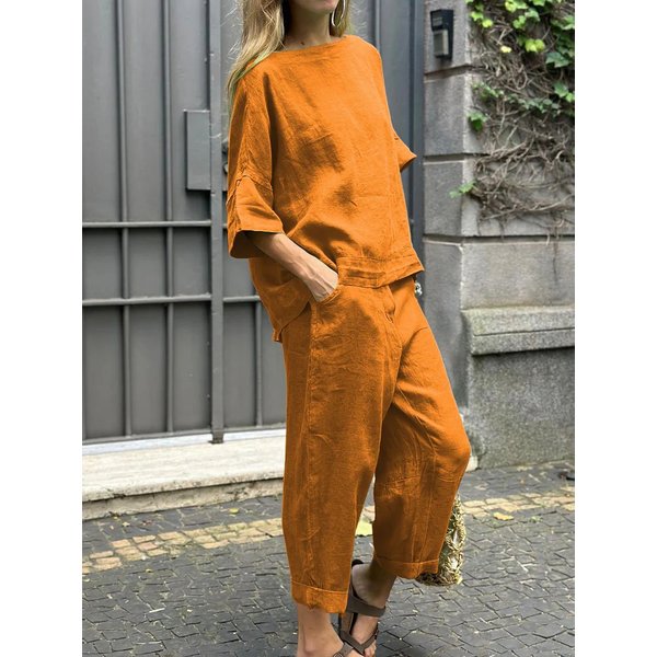 2025 Summer New Women's 2-Piece Set Plus Size Cotton Linen Shirt Suit High Waist Loose Long Pants-image