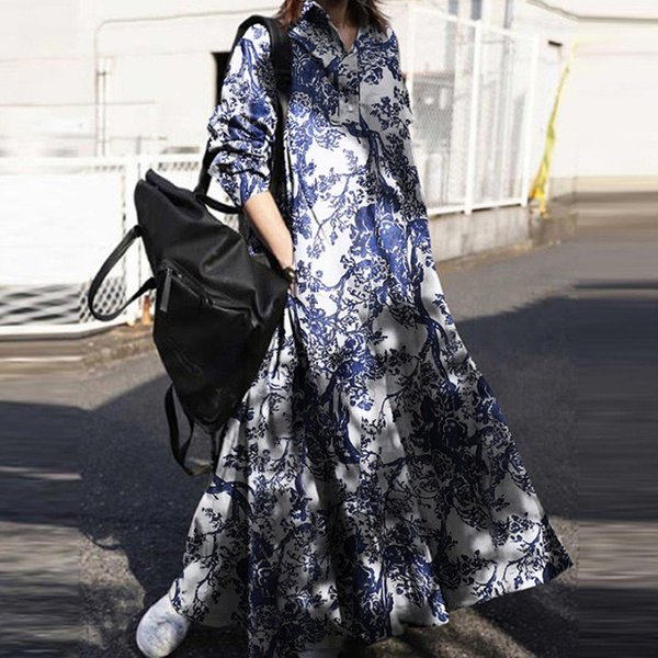 Women's Casual Plus Size Women's Clothing Printed Cotton And Linen Dress Retro Ethnic Style Clothes Loose Long-Sleeved Skirt-image