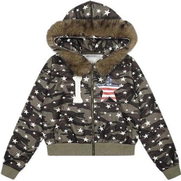 New Independent Station Ins Style Camouflage Design Sense Starry Sky Print Fur Collar Zipper Autumn Winter Hooded