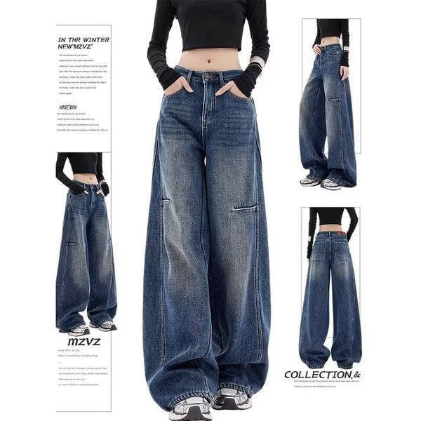 "Women's Vintage Wide-Leg Jeans – 90S Retro High-Waisted Distressed Denim With Raw Hem, Oversized Streetwear Fit, Unisex Aesthetic"-image