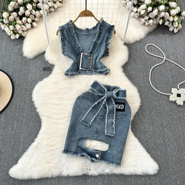 Women's Hot Girl Retro V-Neck Ruffle Sleeveless Denim Top Two-Piece High Waist Hip Skirt-image