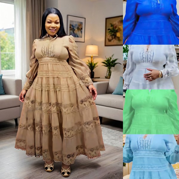 Women's Clothing Fashion Retro Lace Stitching Stand Collar Lantern Sleeve Big Swing Dress