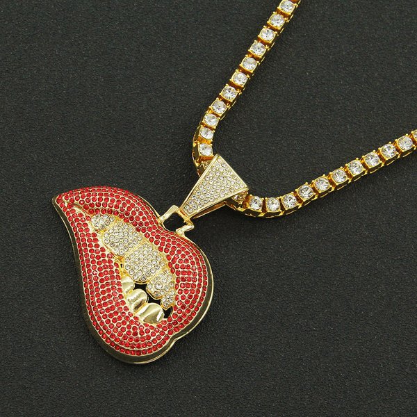 Trendy People's Personalized Pink Lip Diamond Tooth Pendant Necklace Men's Domineering, Cool And Exaggerated Cuban Chain Accessories-image