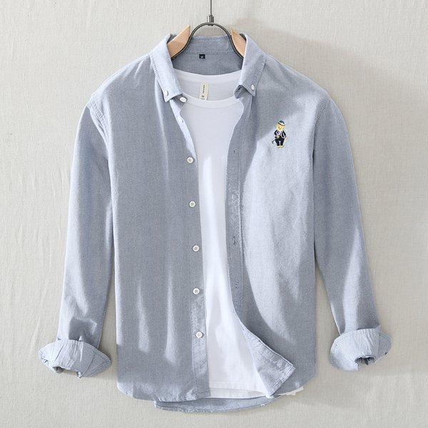 Men's Clothing Cotton Japanese Retro Embroidered Bear Casual Shirt Men's Spring Loose Large Size Hong Kong Style Long Sleeve-image