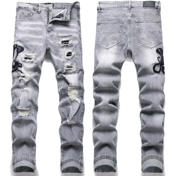 European Men's Light Blue Ripped Embroidered Jeans Men's Trendy Elastic Slim Fit American High Street Trousers-image