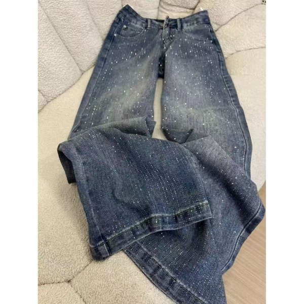 Rhinestone-Studded High-Waisted Slimming Jeans For Women, New Autumn Design, Loose And Versatile Wide-Leg Floor-Length-image