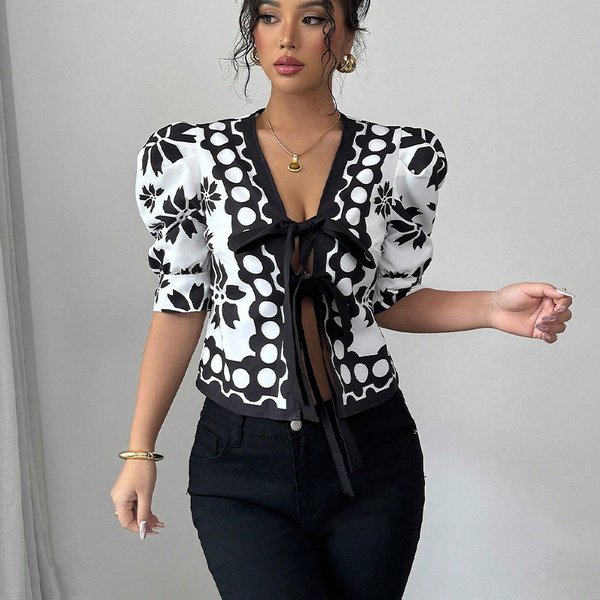 Women's Clothing Half Sleeved Shirt Pattern Lantern Sleeve Cardigan Shirts