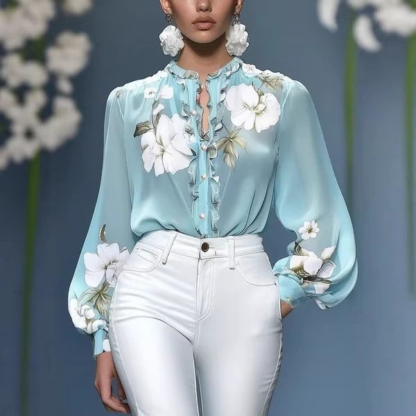Women's Long Sleeve Loose Printed Shirt Top Blouse New