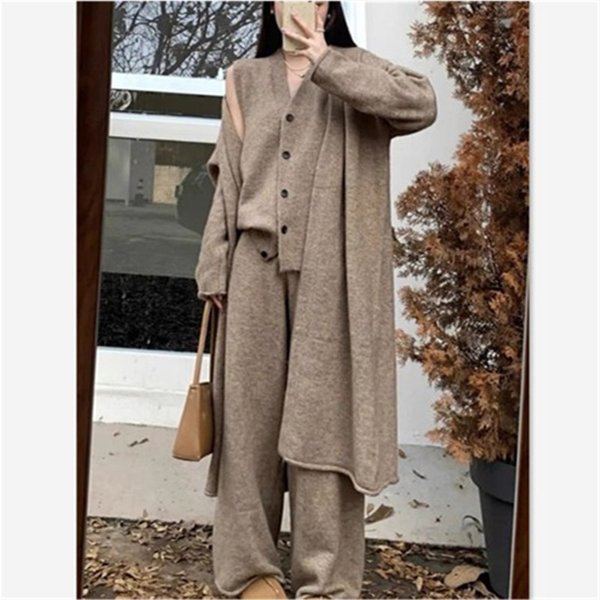 Women's Clothing Popular New Autumn And Winter Leisure Fashion Long Sleeved Knitted Long Cardigan Inner Vest High Waist Pants Three Piece Suit-image